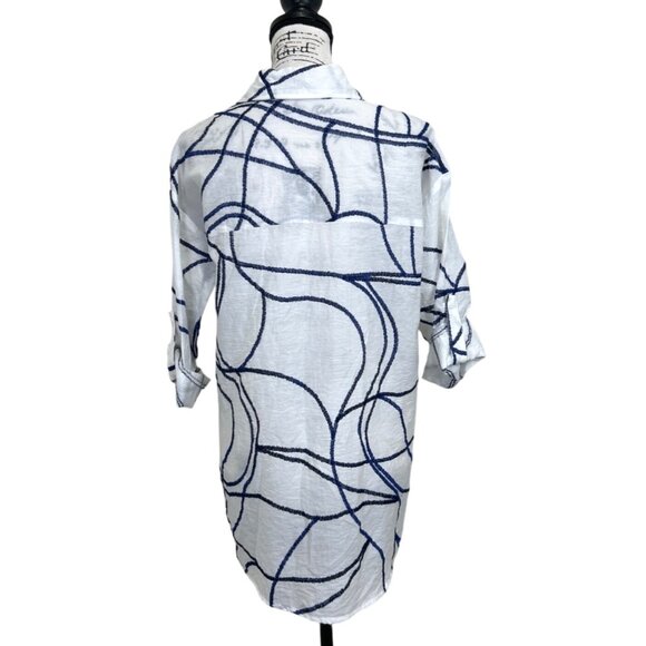 Soft Surroundings Women's Top Tunic Button Up White Blue Roll Tab Sleeve Size S - Picture 3 of 8